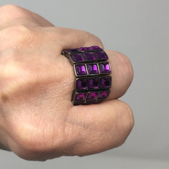 Expandable Purple Faceted Acrylic Tiny Square Pewter Tone Bar Wide Stretch Ring - Picture 16 of 16